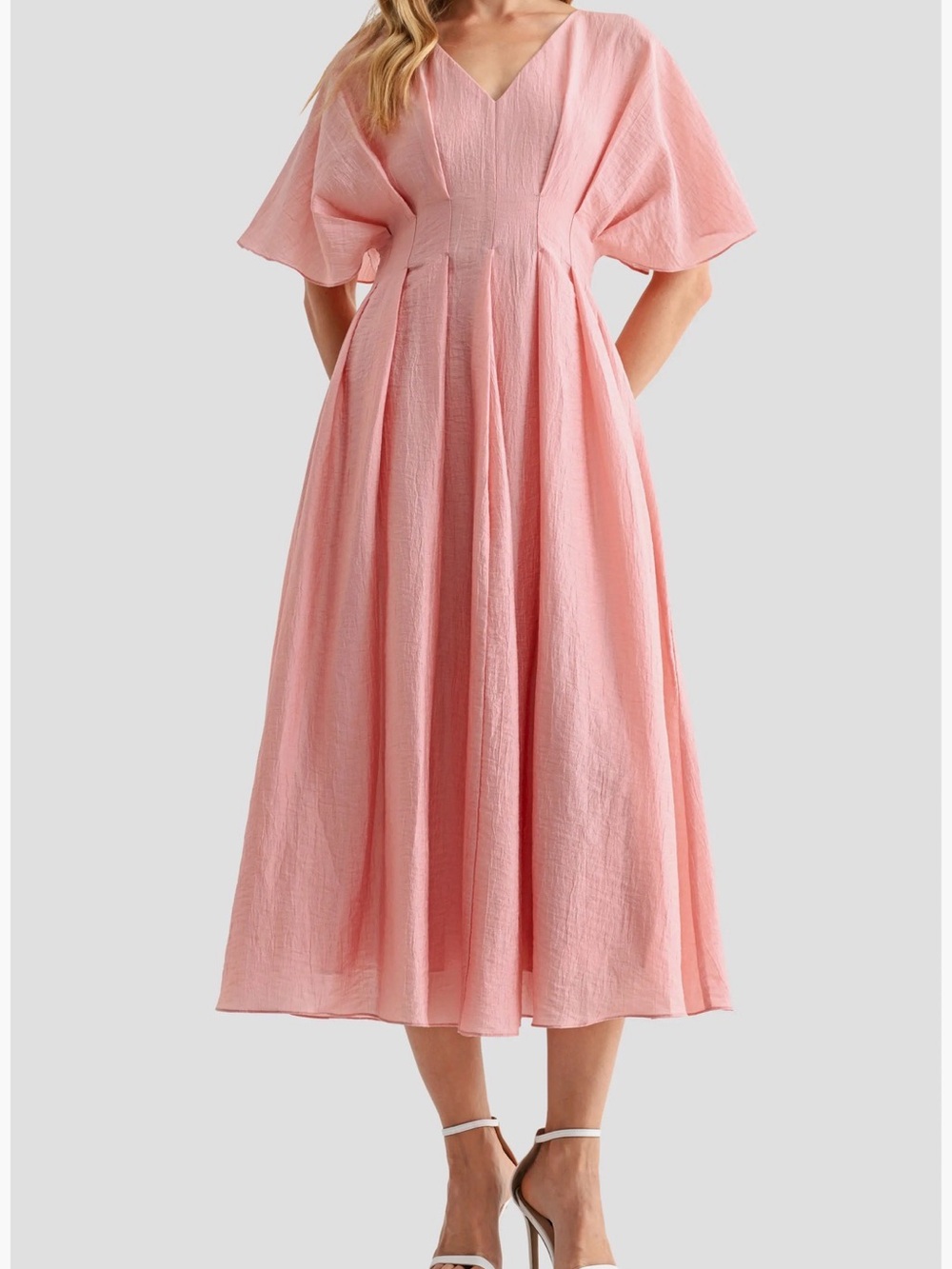 V-Neck Pink Midi Dress with Flutter Sleeves